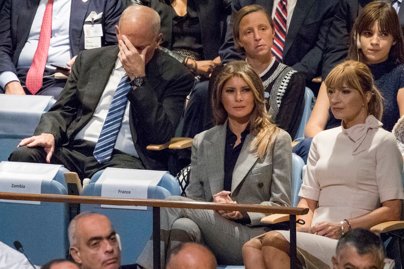 White House Chief of Staff John Kelly, left, reacts as he and first lady Melania Trump listen to President Donald Trump speak during the 72nd session of the United Nations General Assembly at U.N. headquarters, Tuesday, Sept. 19, 2017. (AP Photo/Mary Altaffer)